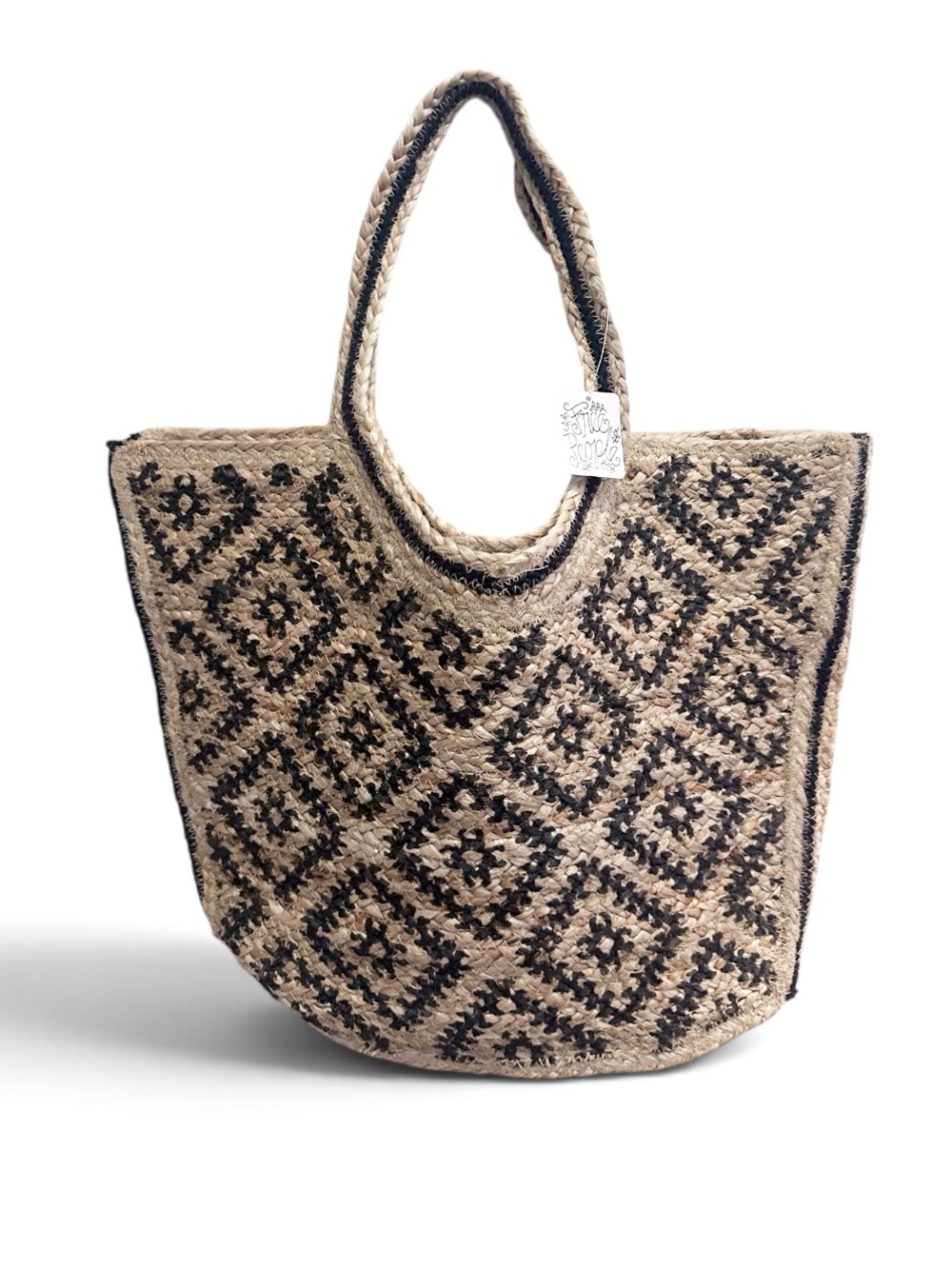 Free People Eva Tote NWT Jute Sisal Print Woven Beach Summer Bohemian Carry All - Picture 2 of 11